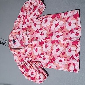 BATIA‎ Pink Flora Button Up Collared Blouse Puff Sleeves - Size Large